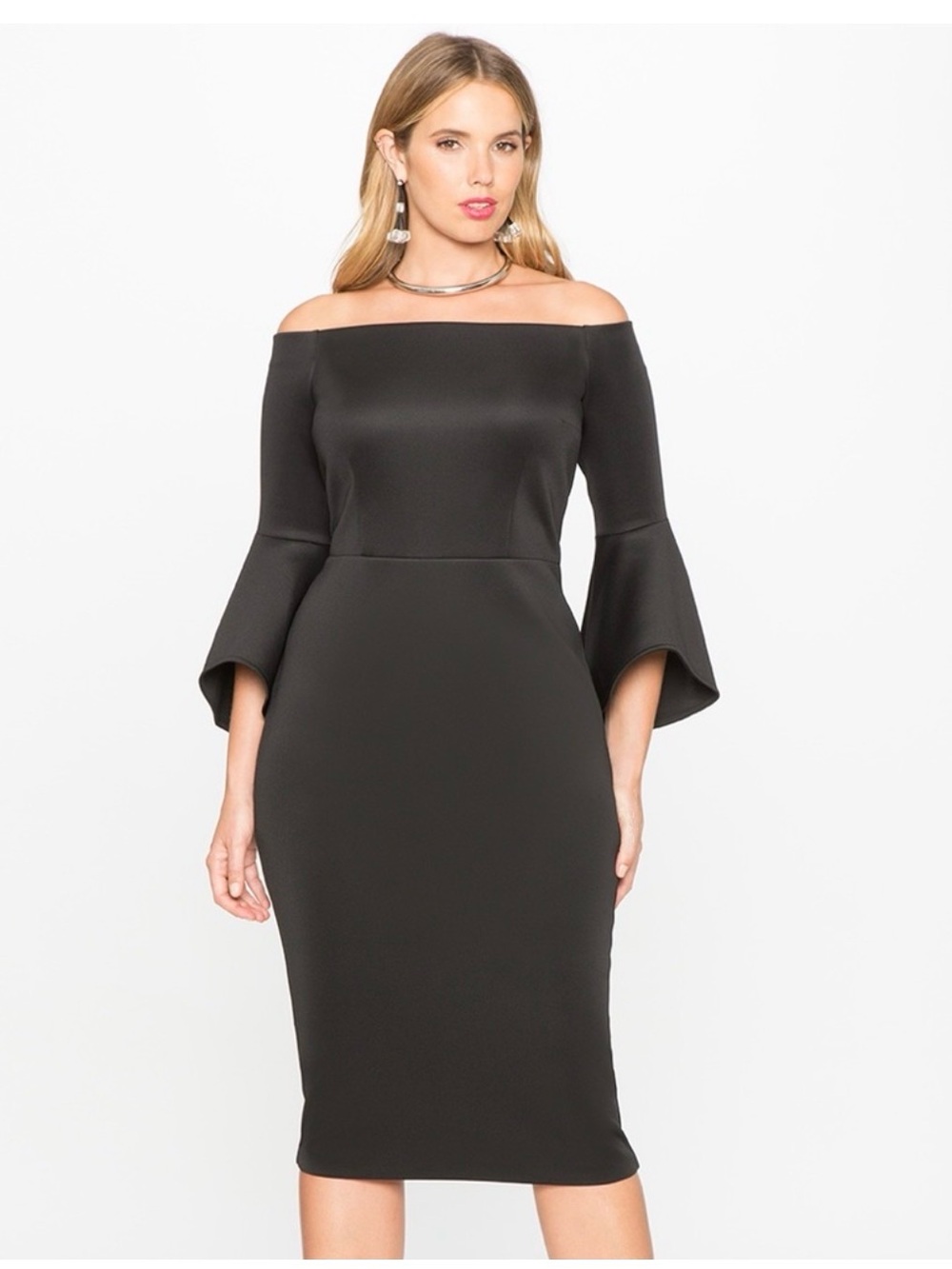Eloquii Women’s Size 22 Black Midi Off the Shoulder Flared Bell Sleeve Dress